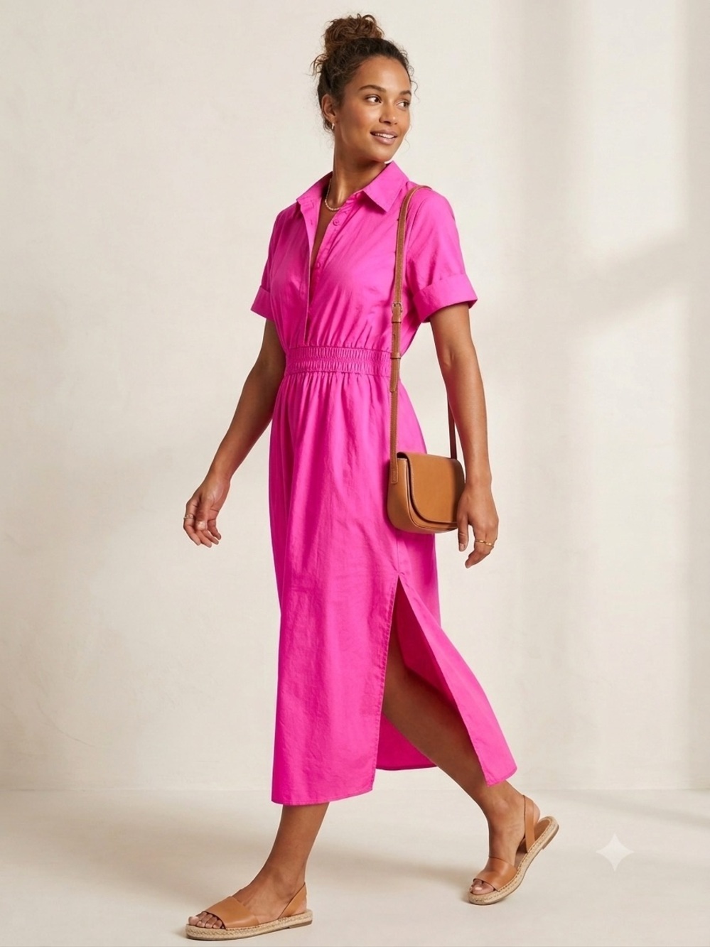 Fuchsia Maxi Shirt Dress with Shirred Waist